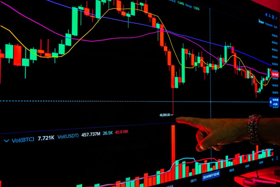 Imagem de um gráfico de análise financeira com candles, linhas de tendência e volume, representando o mercado de criptomoedas ou investimentos.