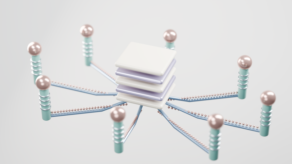 Ilustração conceitual de uma rede de conexões envolvendo livros empilhados, simbolizando troca de conhecimentos ou dados em um contexto digital.