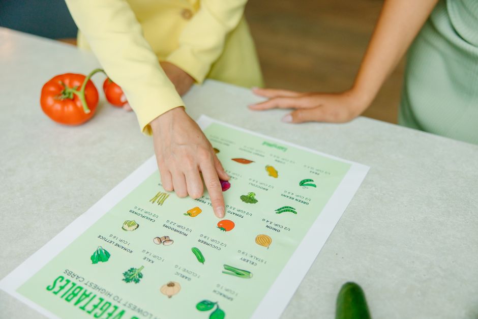 Pessoa mostrando diferentes tipos de vegetais em um cardápio de verduras, destacando a importância da alimentação saudável em um blog de nutrição.
