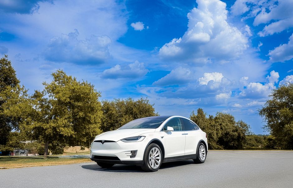 Carro elétrico Tesla em uma paisagem ensolarada com céu azul e nuvens brancas, simbolizando inovação e sustentabilidade no transporte.