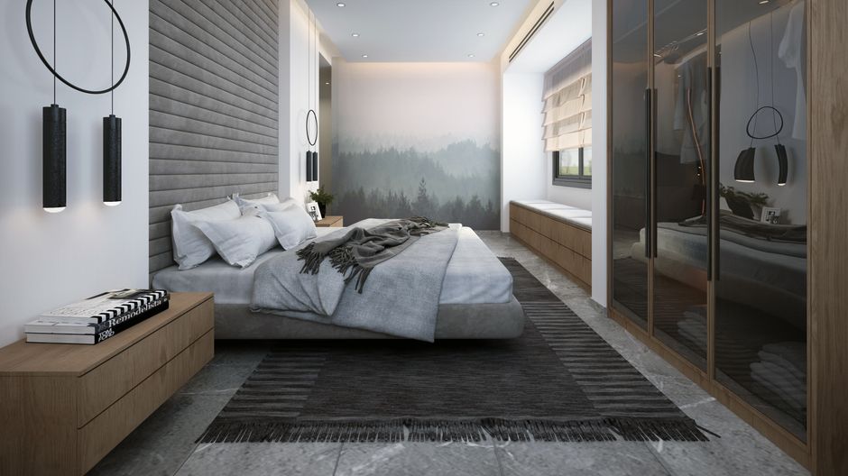 Quarto moderno com decoração minimalista, iluminação natural e vista para uma floresta ao fundo.