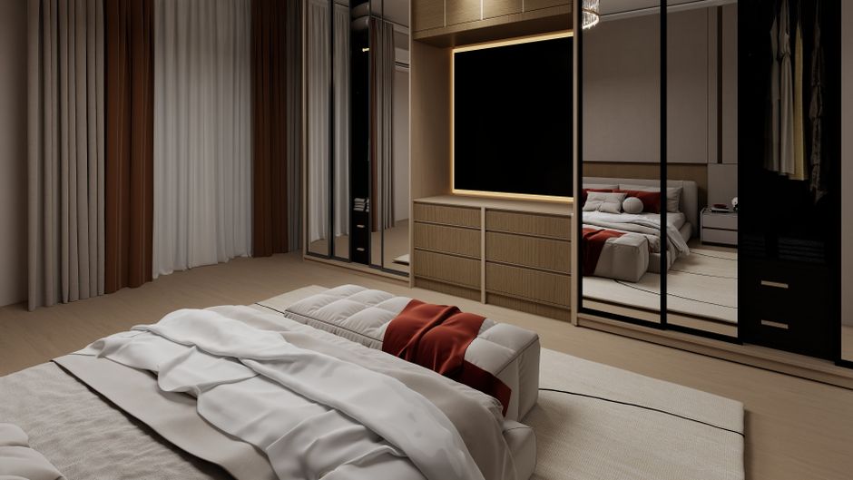 Quarto moderno com design elegante, revestido por armários de espelhos e uma cama confortável.
