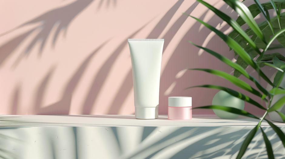 Imagem de produtos de cuidado facial dispostos em uma superfície clara, com sombra de folhas tropicais ao fundo, sugerindo tema de skincare e bem-estar.