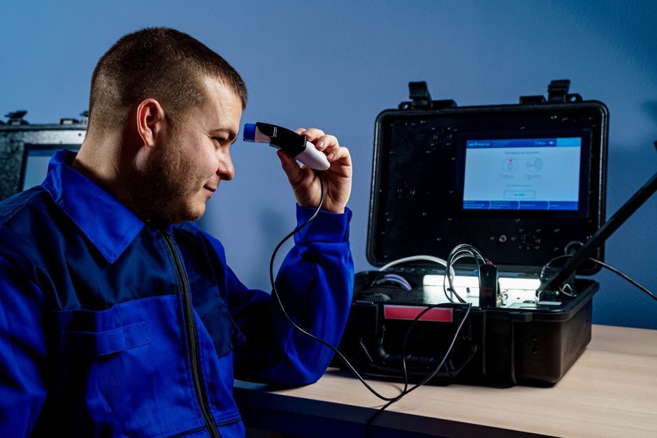 Homem realizando análise de amostra usando microscópio em laboratório de pesquisa científica.