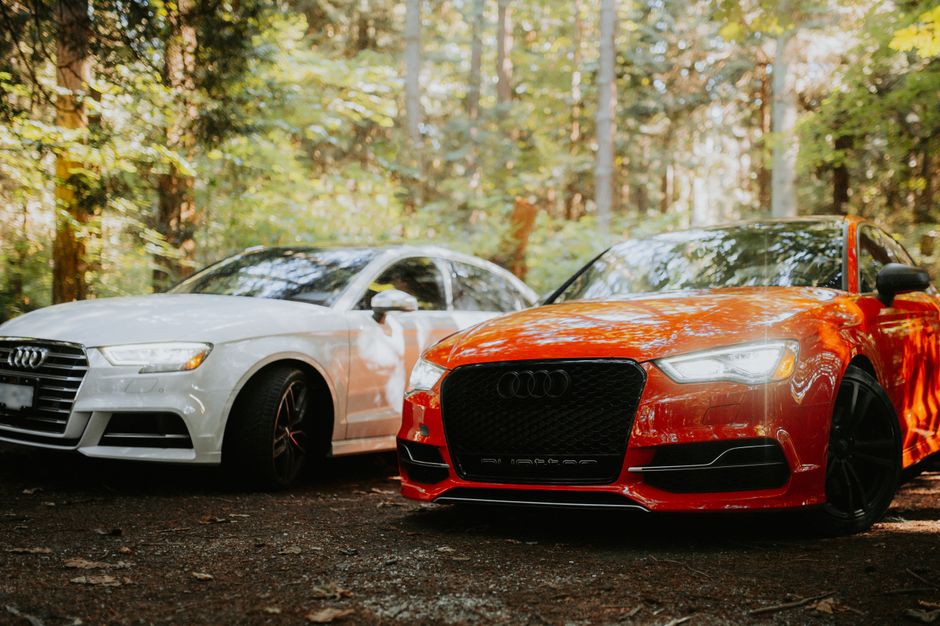 Imagem de dois carros esportivos estacionados em uma floresta, destacando o contraste entre veículos de cores vibrantes e o ambiente natural.