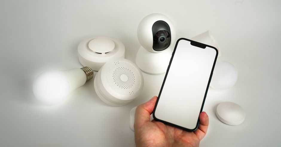 Imagem mostrando dispositivos inteligentes de automação residencial, incluindo câmera, lâmpadas e sensores, controlados por smartphone para facilitar a gestão do lar.