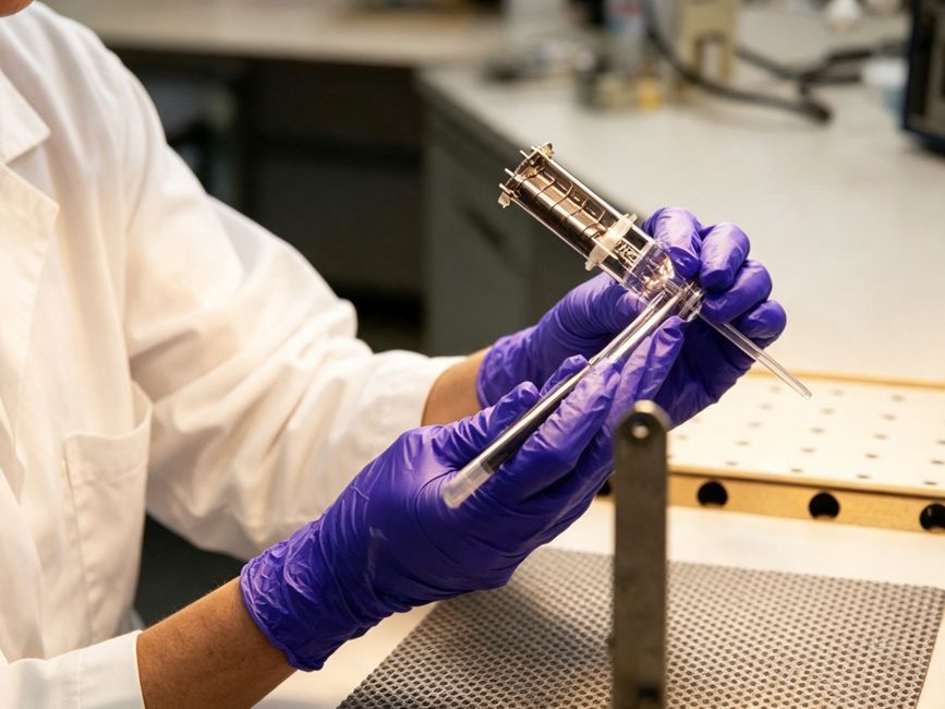 Imagem de um profissional de laboratório manipulando uma seringa com cuidado, em um ambiente de pesquisa científica.