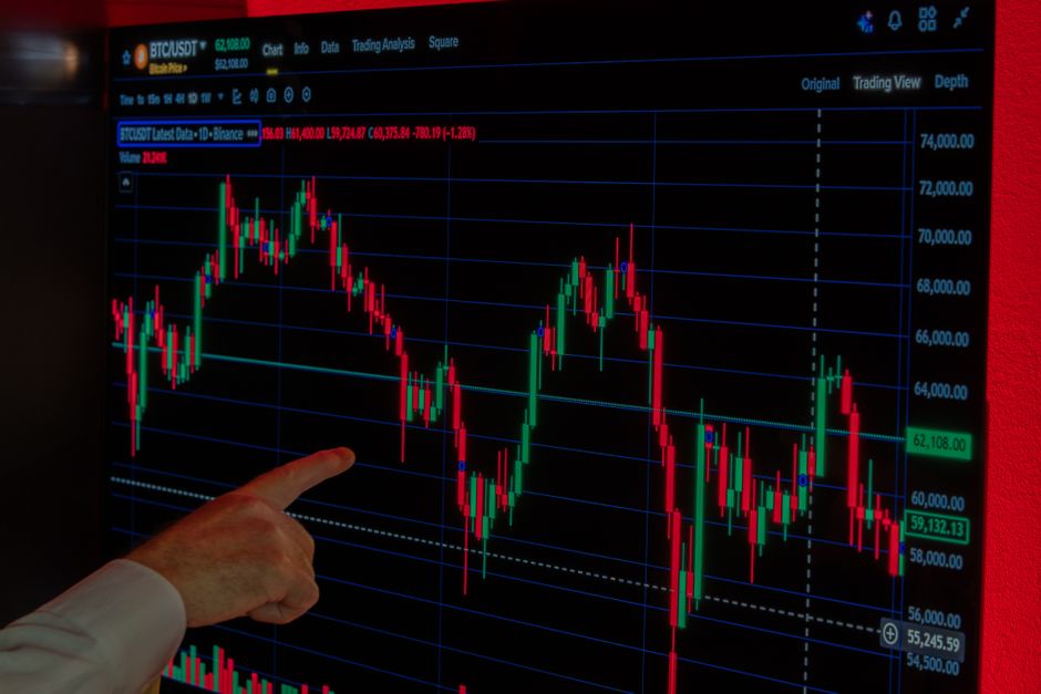 Pessoa analisando um gráfico de variações do mercado financeiro em uma tela de computador, representando estratégias de investimento ou trading.