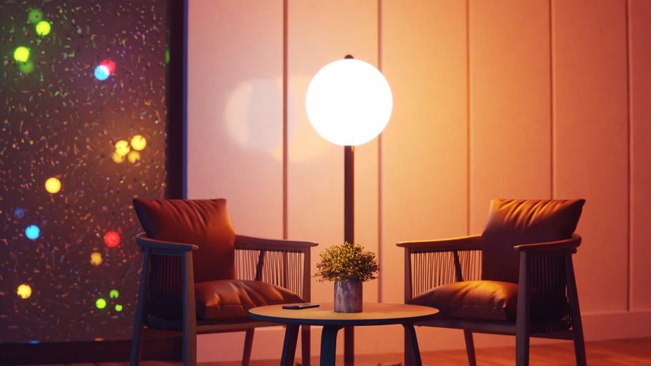 Imagem de um espaço aconchegante com duas poltronas computáveis, uma luminária de chão e decoração moderna, ideal para artigos sobre ambientes de descanso ou salas de convivência.