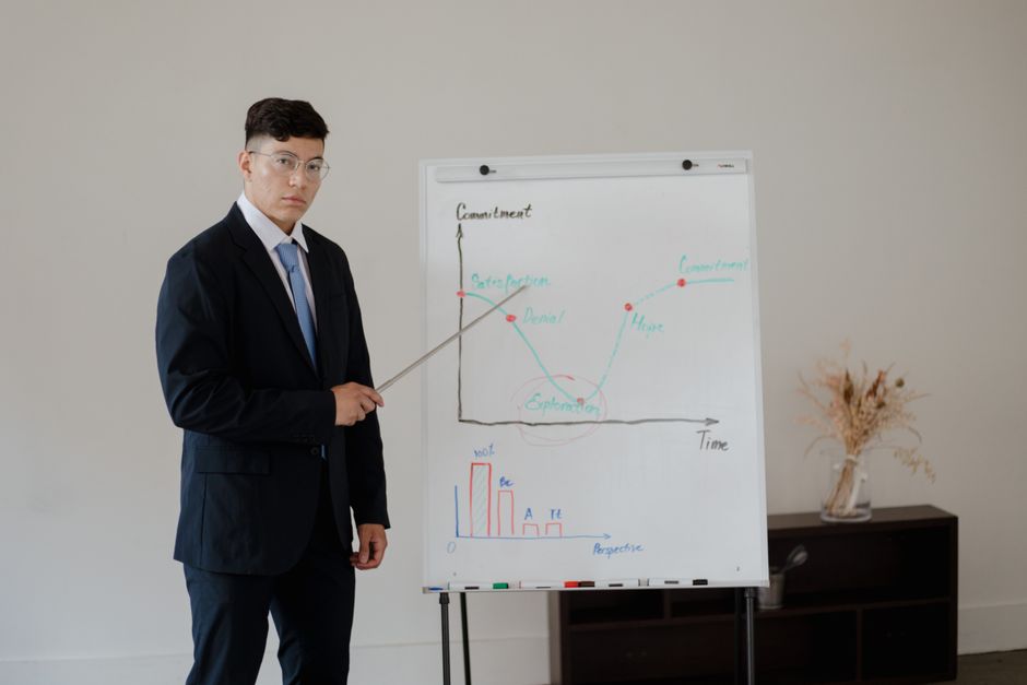 Homem de terno fazendo apresentação de gráfico em uma reunião de negócios ou reunião empresarial.