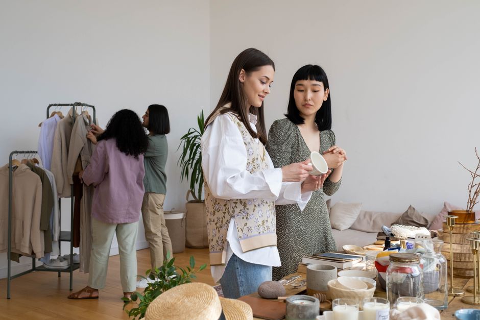 Mulheres explorando produtos e tendências de moda em uma loja de roupas e acessórios para planejamento de negócios do setor de moda.