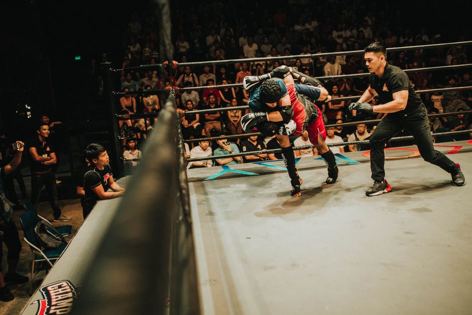 Cena de uma luta de artes marciais misturadas (MMA) dentro de um ringue, com público assistindo ao fundo, destacando a intensidade do combate.