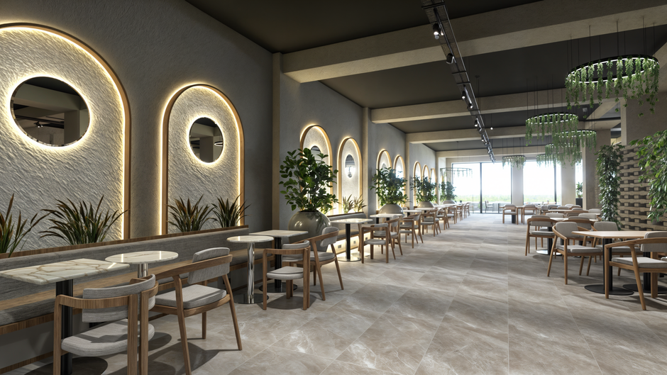 Interior de restaurante com design moderno, iluminação suave e elementos naturais decorativos, ideal para postagem sobre arquitetura de interiores ou tendências em espaços gastronômicos.