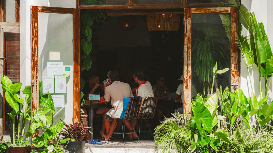 Imagem de um café aconchegante com plantas ao redor, visto de fora, onde pessoas estão conversando em um ambiente interno árido e informal.