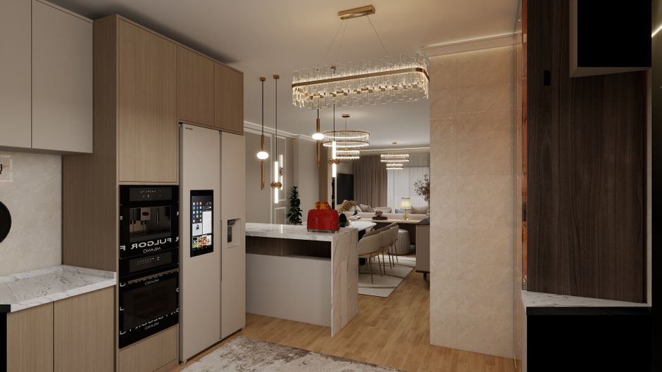 Imagem de um espaço residencial moderno com cozinha integrável, iluminação sofisticada e área de convivência elegante, ideal para blogue de decoração e design de interiores.