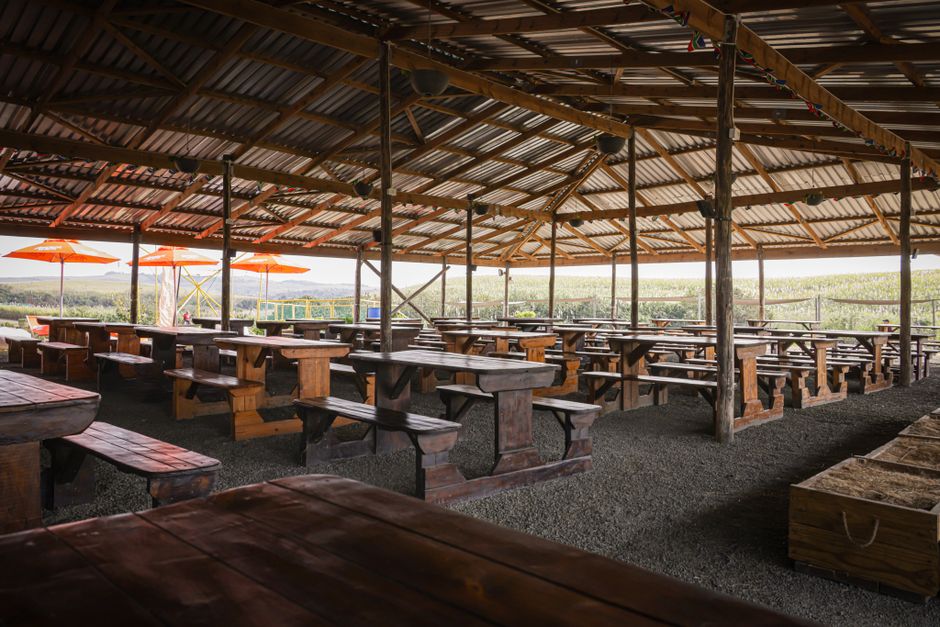 Ambiente de espaço ao ar livre com teto de madeira e várias mesas de madeira, ideal para eventos ou confraternizações em um ambiente rusticidade.