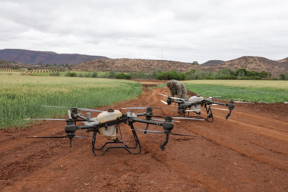 Engenheiro realizando inspeção ou monitoramento agrícola com drones em um campo de cultivo aberto com paisagem de colinas ao fundo.