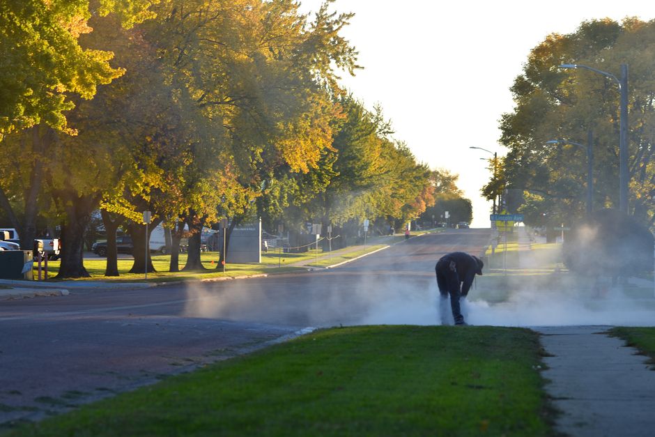 Homem realizando manutenção na calçada de uma rua arborizada durante o dia, com árvores altas e iluminação pública visível ao fundo.