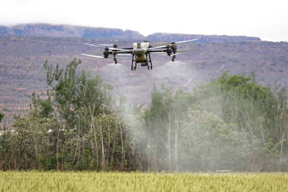 Dronando sobre uma vegetação agrícola, a imagem retrata o uso de tecnologia avançada na agricultura de precisão.