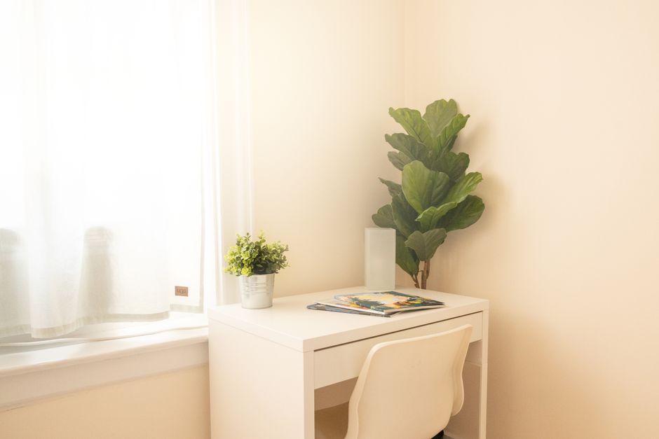 Espaço de trabalho minimalista e bem iluminado com uma mesa branca, plantas decorativas e uma decoração clean, ideal para um blog sobre ambientes de estudo ou escritório em casa.