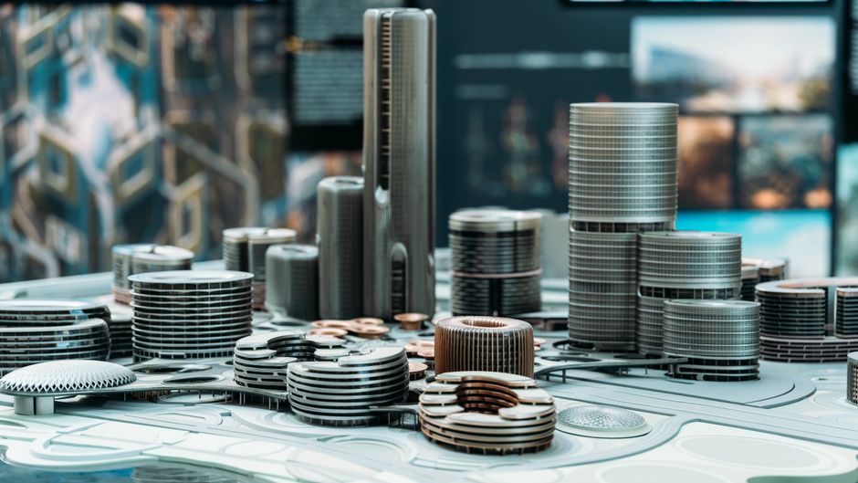 Representação futurista de economia digital com moedas e edifícios simulados em um cenário de blockchain ou criptomoedas.