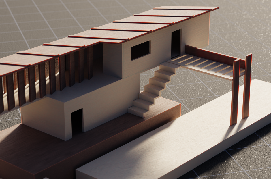 Modelo simplificado de uma casa moderna em construção, representando inovação e arquitetura contemporânea.