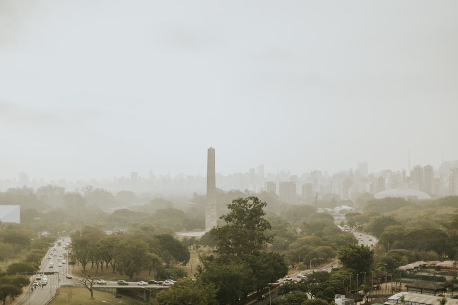 Visão de uma cidade com muitos prédios altos e uma área arborizada ao centro, sob um céu nublado, destacando a mistura entre natureza e urbanização.