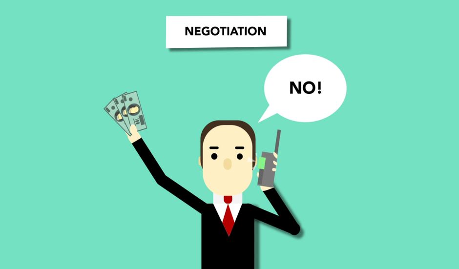 Ilustração representando uma negociação financeira com um homem negando algum acordo, usando dinheiro e telefone em um fundo colorido.