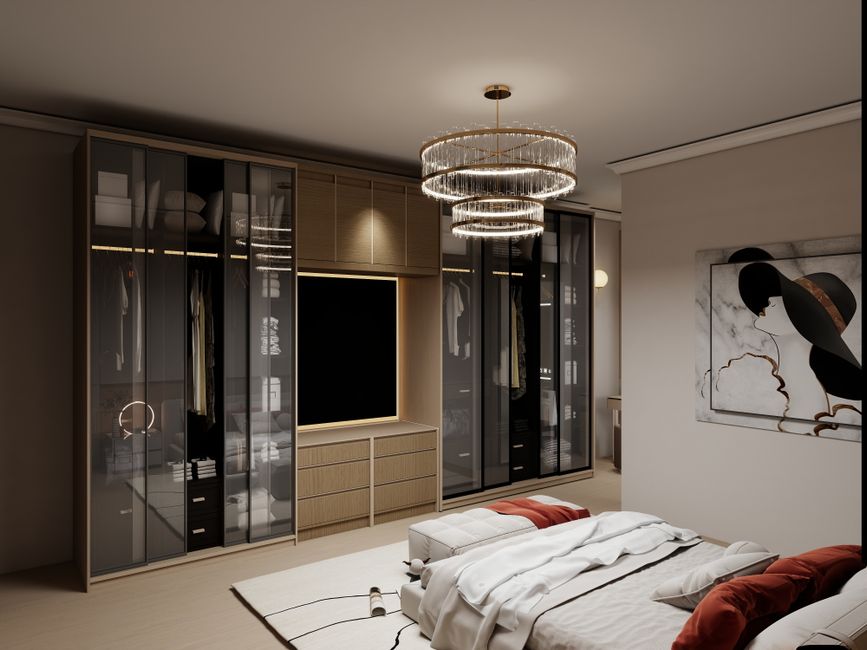 Quarto moderno com closet planejado, iluminação elegante e decoração minimalista para conforto e organização.